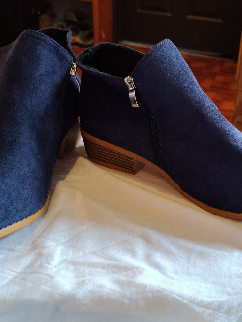 Women’s Navy Suede Ankle Booties with Low Block Heel